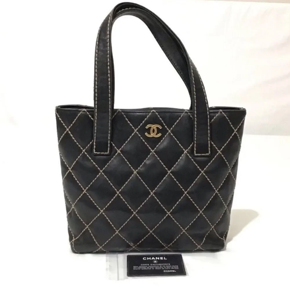 CHANEL Black Leather Quilted Wild Stitch Tote/Shoulder Bag Vintage